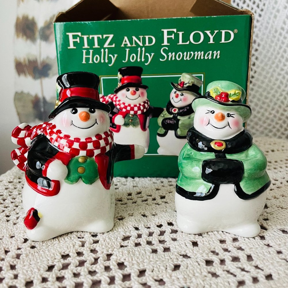 Fitz and Floyd Holly Jolly Snowman Salt Pepper Shakers Set of 2 NIB